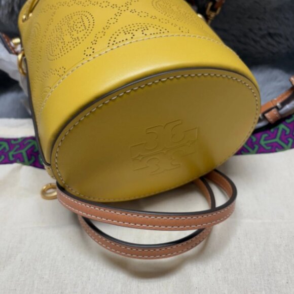Tory Burch T Monogram Perforated Leather bucket MSRP$488 Statement Piece - Picture 4 of 15